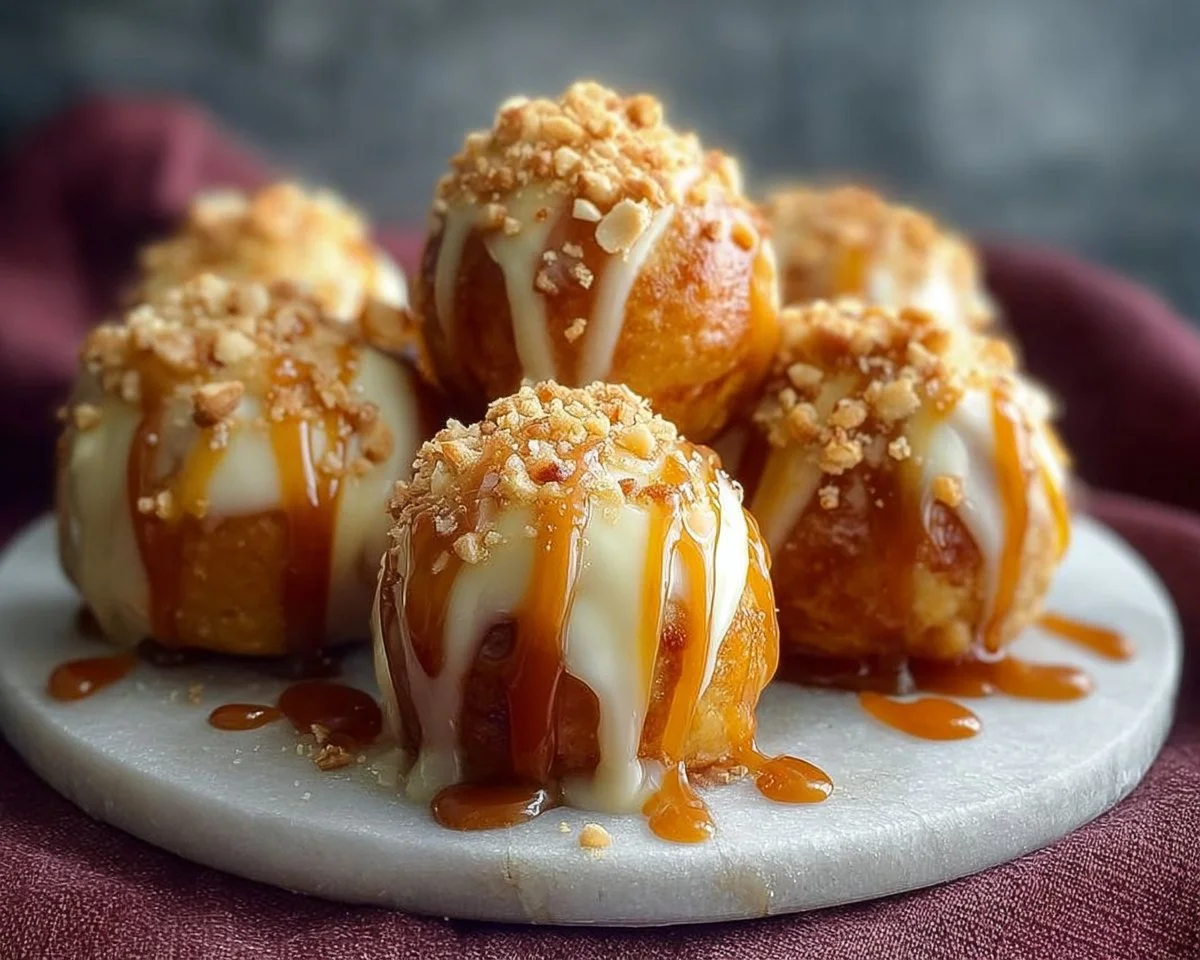 Delicious Apple Caramel Bombs drizzled with rich caramel sauce