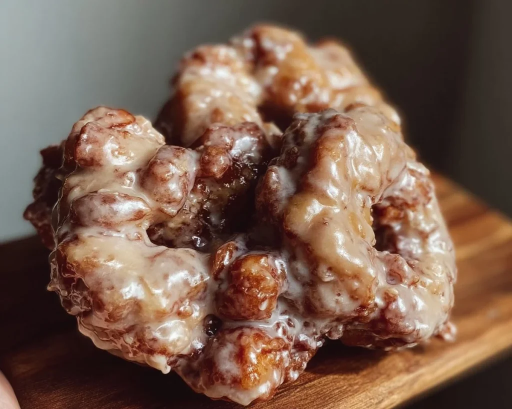 Delicious apple fritter donuts with brown butter maple vanilla bean glaze