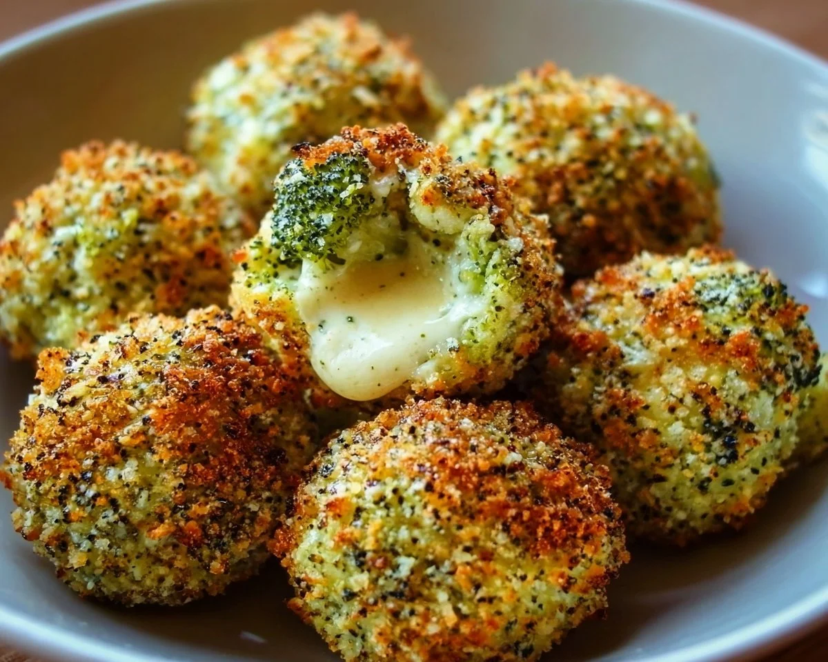 Baked broccoli and cheese balls on a plate, golden and crispy.