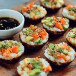Delicious baked sushi cups served on a plate with toppings.
