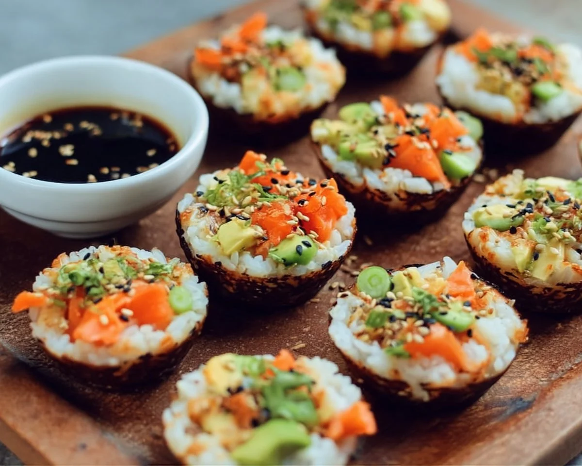 Delicious baked sushi cups served on a plate with toppings.