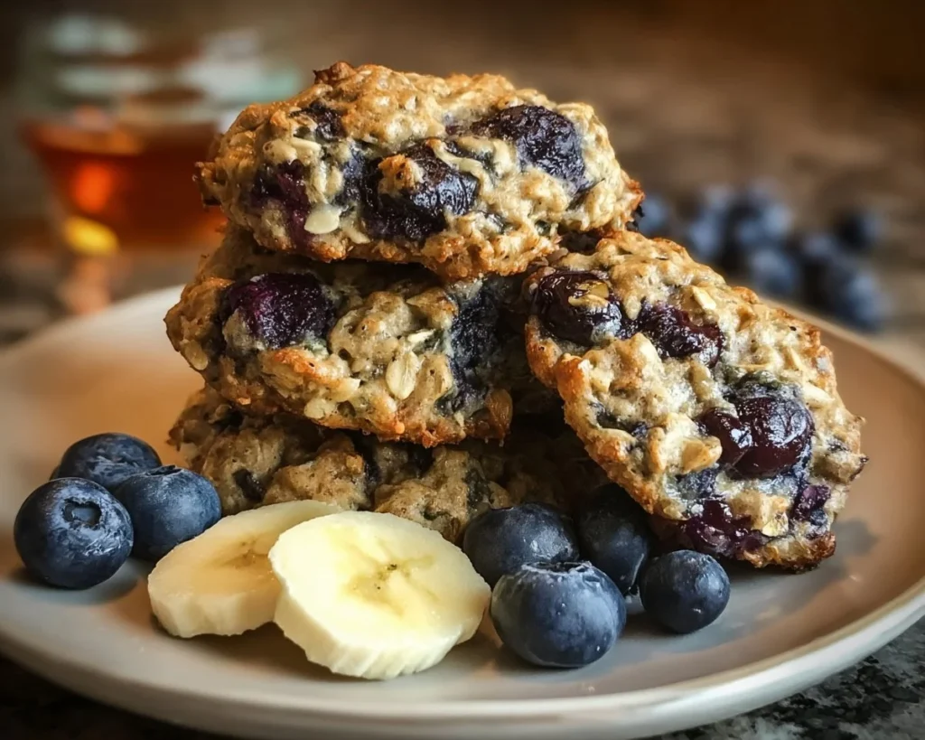 Healthy banana blueberry breakfast cookies on a plate.