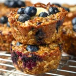Blueberry banana baked oatmeal cups in a baking dish, healthy breakfast idea