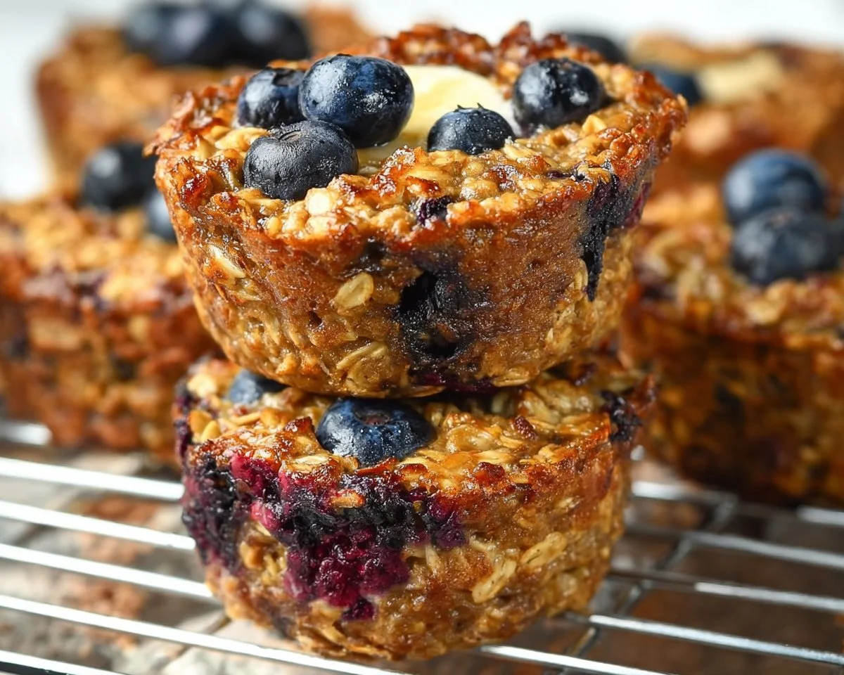 Blueberry banana baked oatmeal cups in a baking dish, healthy breakfast idea