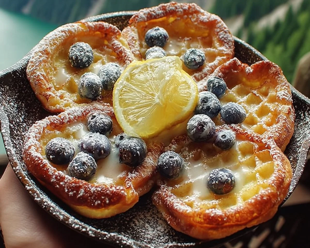 Fluffy Blueberry Lemon Dutch Baby topped with fresh blueberries and lemon zest