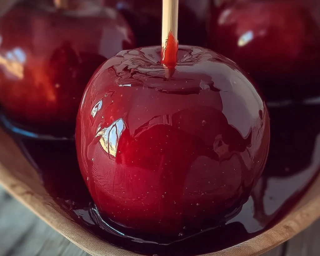 Delicious candy apples coated in caramel and toppings.
