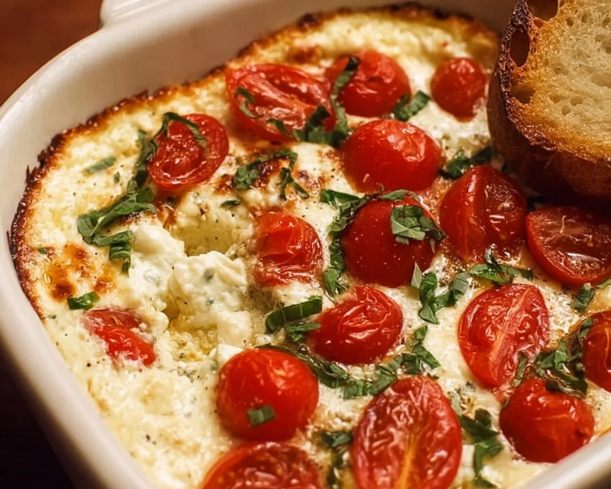 Creamy Caprese Cheese Dip served with fresh basil and cherry tomatoes.