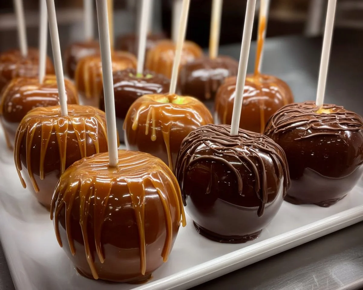 Delicious chocolate-dipped apples with caramel coating for a sweet treat