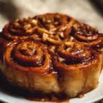 Freshly baked caramel apple cinnamon rolls drizzled with gooey caramel sauce.