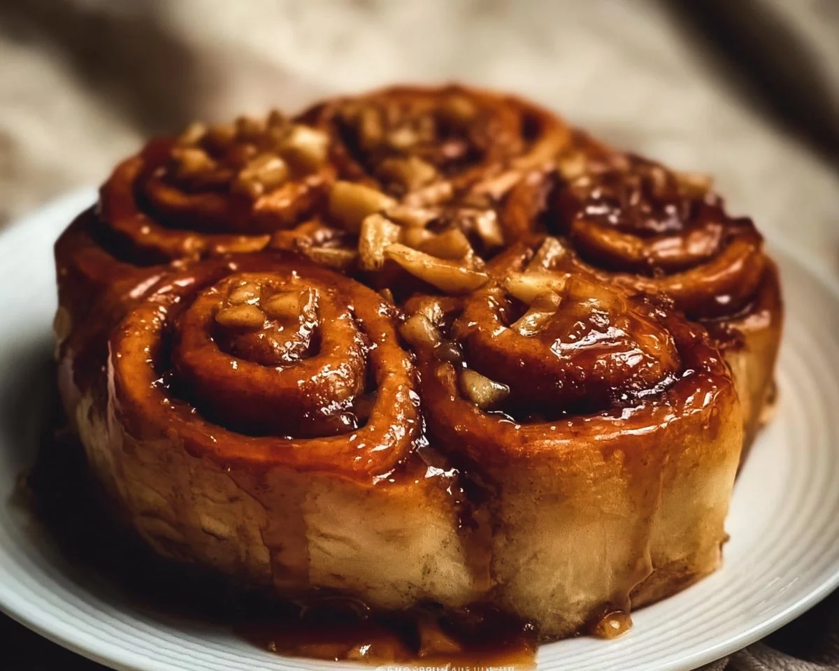 Freshly baked caramel apple cinnamon rolls drizzled with gooey caramel sauce.
