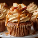 Delicious Caramel Apple Cupcakes topped with creamy caramel and fresh apple slices.