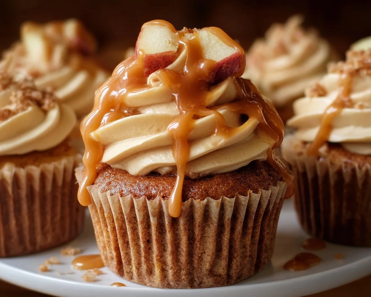 Delicious Caramel Apple Cupcakes topped with creamy caramel and fresh apple slices.