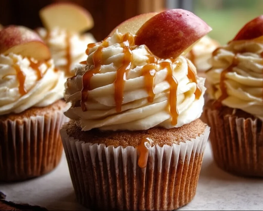 Delicious caramel apple cupcakes topped with caramel drizzle and apple slices