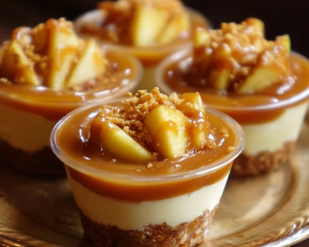 Delicious Caramel Apple Dessert Cups topped with creamy caramel and apple slices.