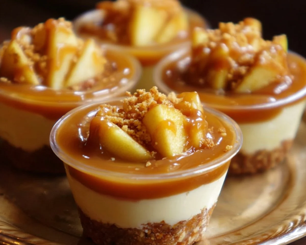 Delicious Caramel Apple Dessert Cups topped with creamy caramel and apple slices.