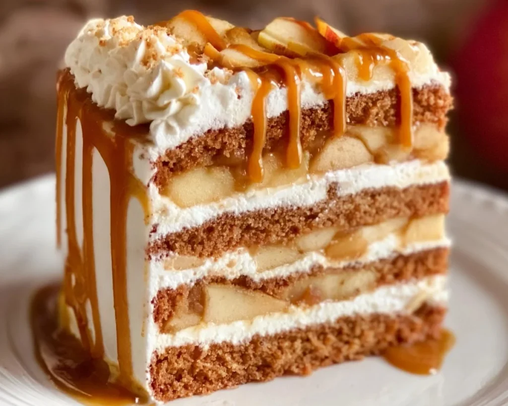 Layered caramel apple cake with apples and caramel drizzle on top