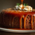 Delicious caramel apple spice cake topped with caramel sauce and apple slices.