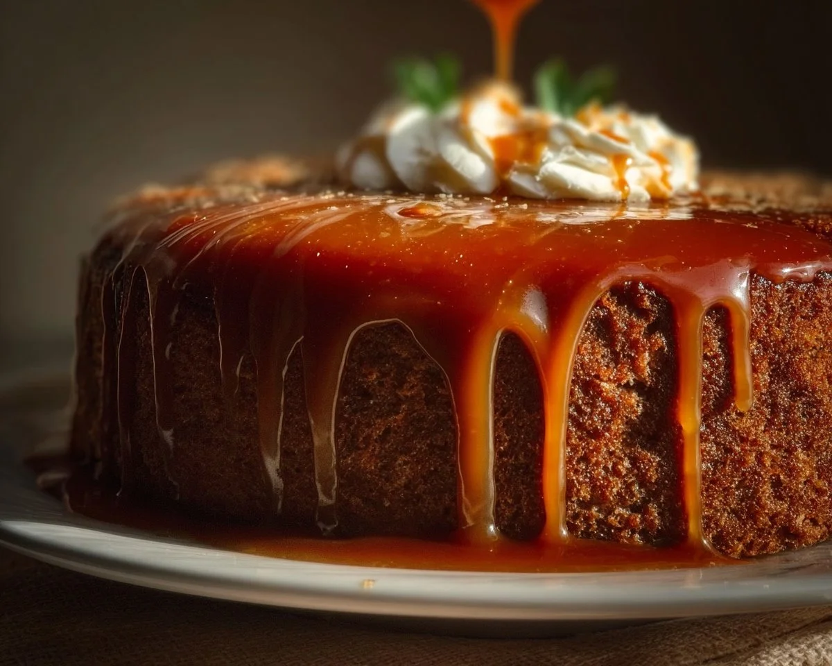 Delicious caramel apple spice cake topped with caramel sauce and apple slices.