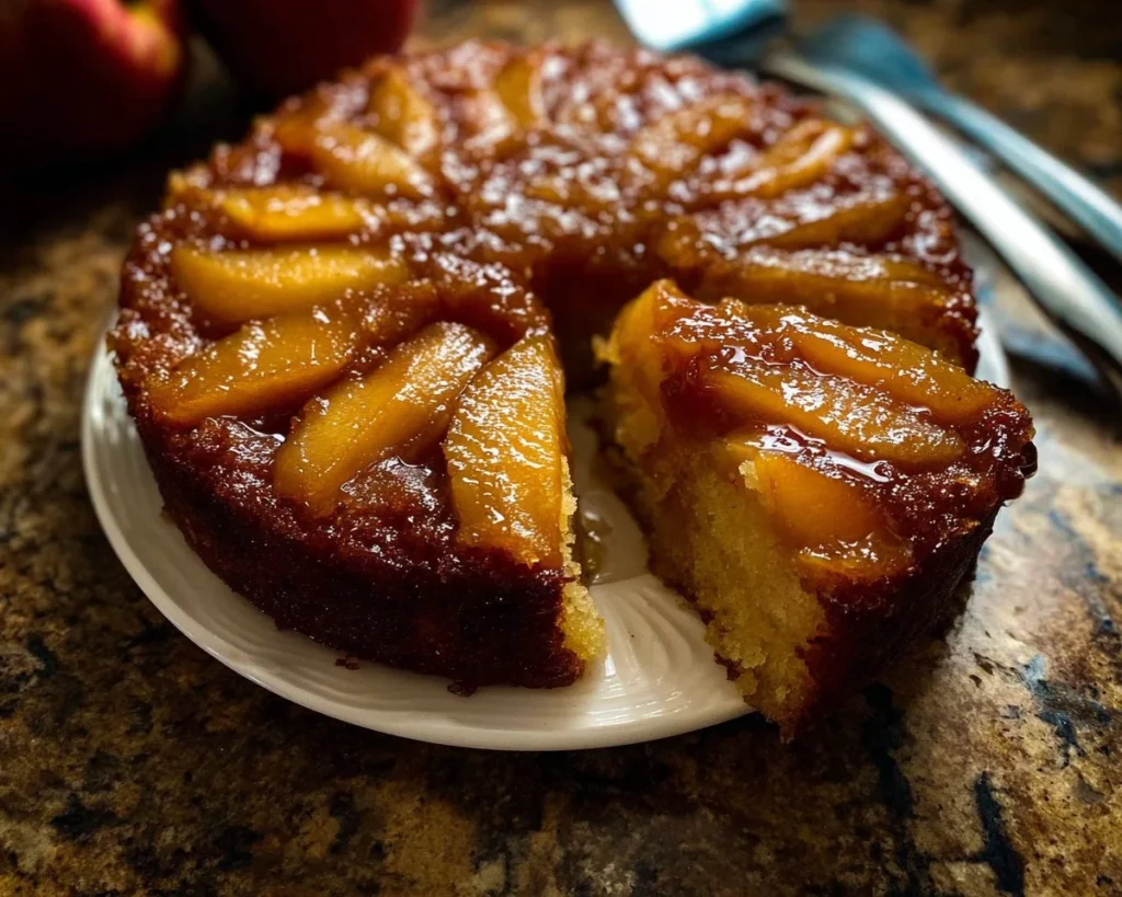 Delicious Caramel Apple Upside-Down Cake with caramel drizzle and apple slices.