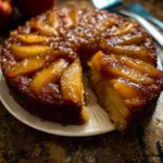 Delicious Caramel Apple Upside-Down Cake with caramel drizzle and apple slices.