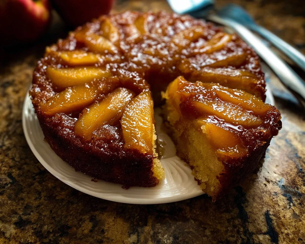 Delicious Caramel Apple Upside-Down Cake with caramel drizzle and apple slices.
