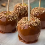 Delicious caramel apples drizzled with chocolate and nuts