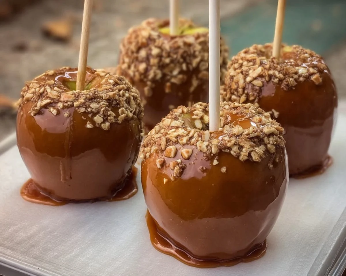 Delicious caramel apples drizzled with chocolate and nuts