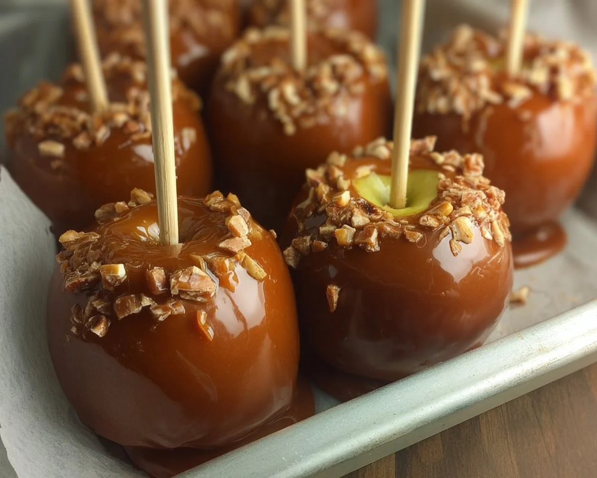 Delicious caramel apples with a glossy finish, perfect for a tasty fall treat.