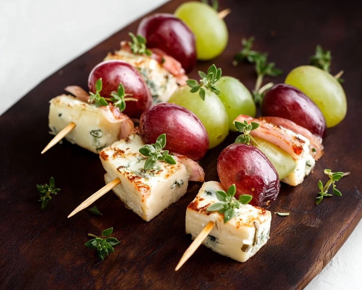 Cheese and Grape Skewers arranged on a platter, perfect for appetizers.