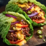 Cheeseburger cabbage wraps filled with beef, cheese, and fresh vegetables