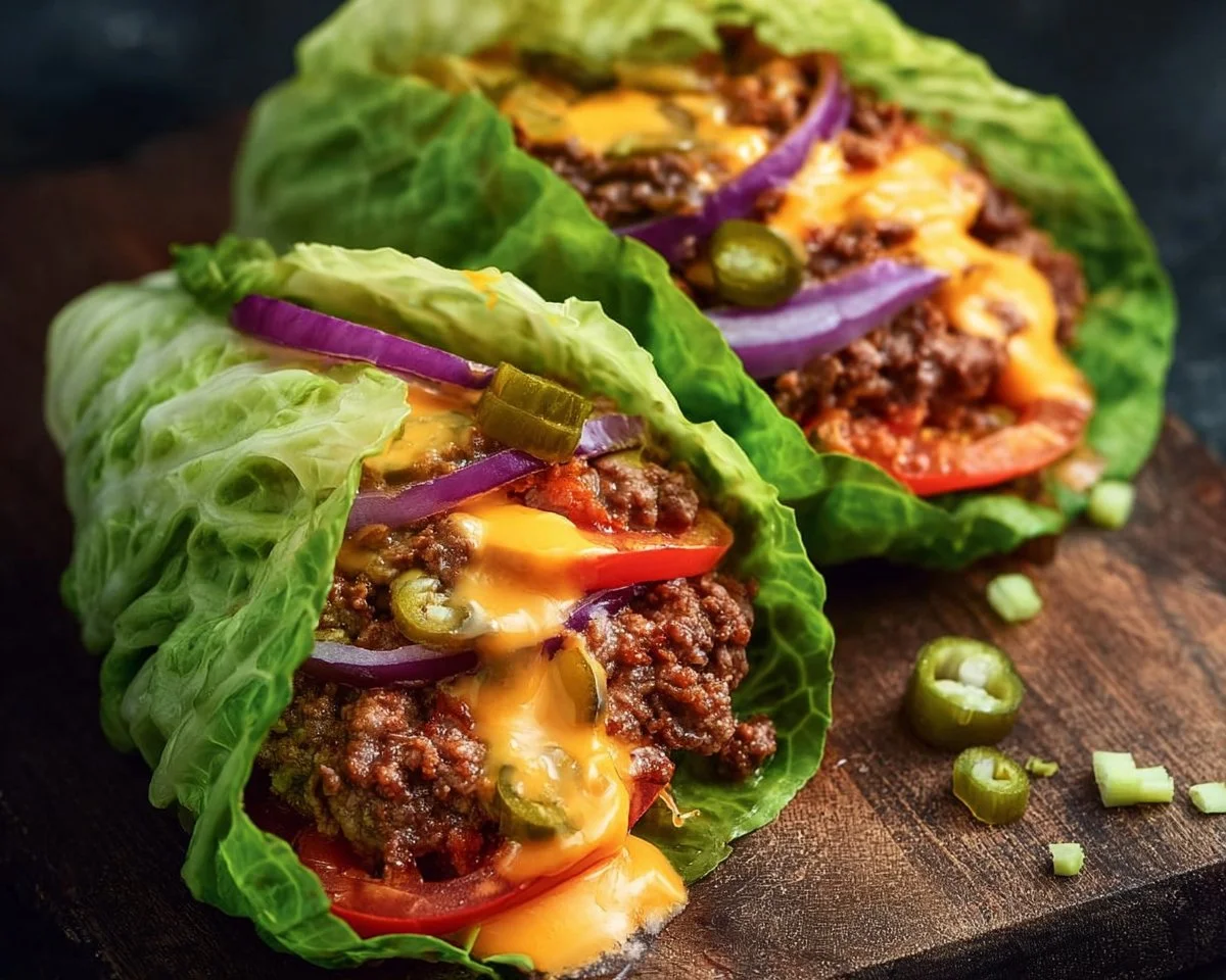 Cheeseburger cabbage wraps filled with beef, cheese, and fresh vegetables