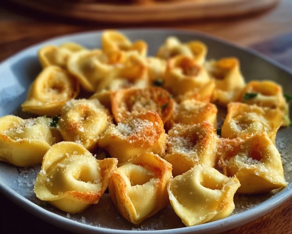 Cheesy baked tortellini bites served on a plate
