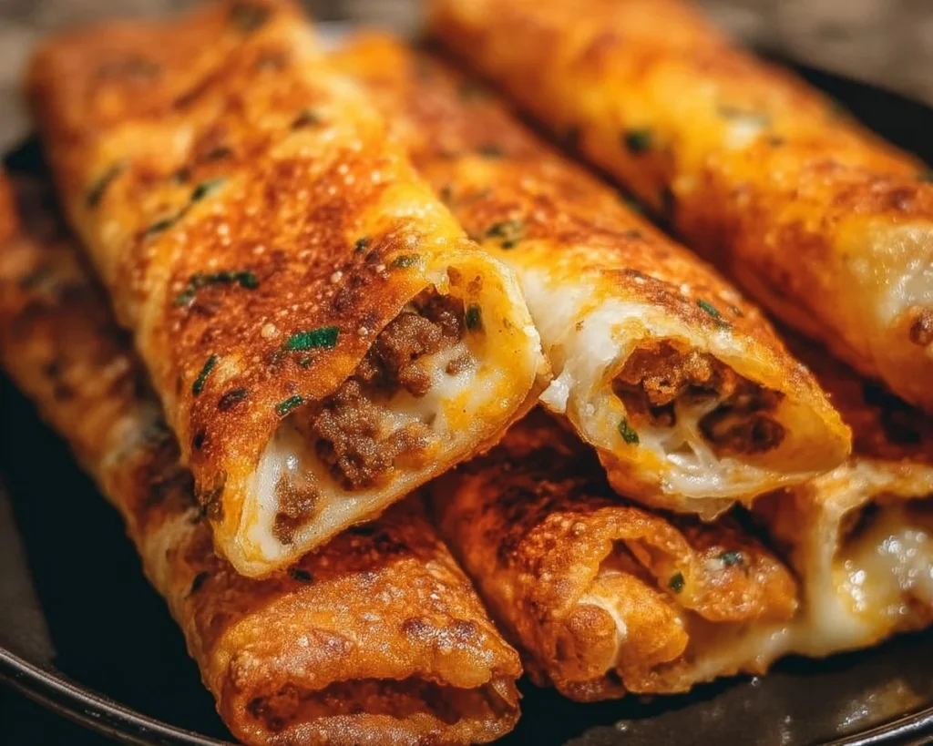 Cheesy taco sticks fresh out of the oven, garnished with herbs.