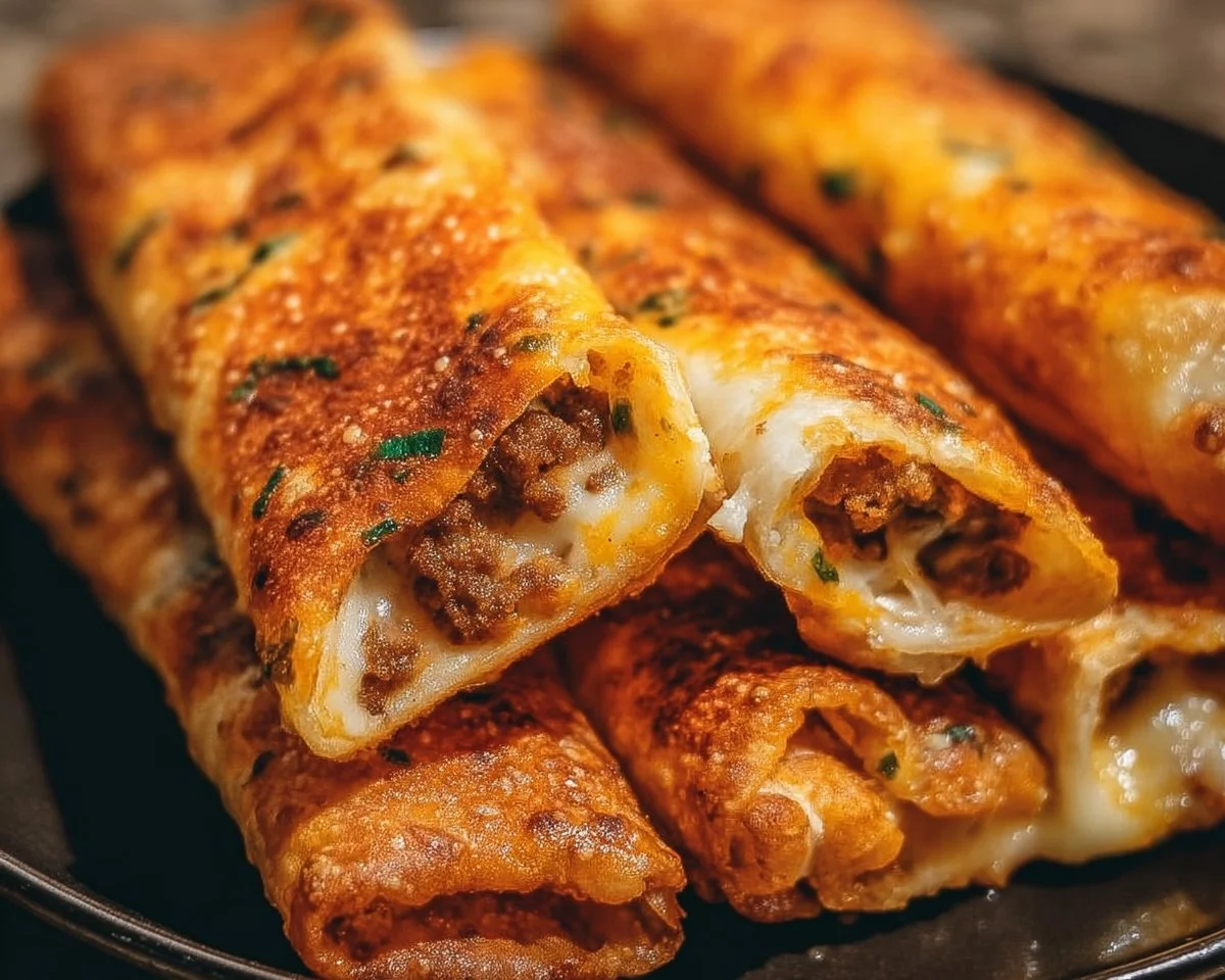 Cheesy taco sticks fresh out of the oven, garnished with herbs.
