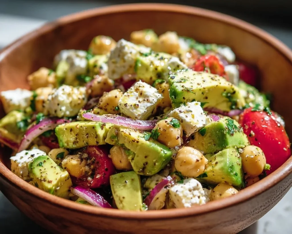 Chickpea Feta Avocado Salad featuring vibrant ingredients in a bowl