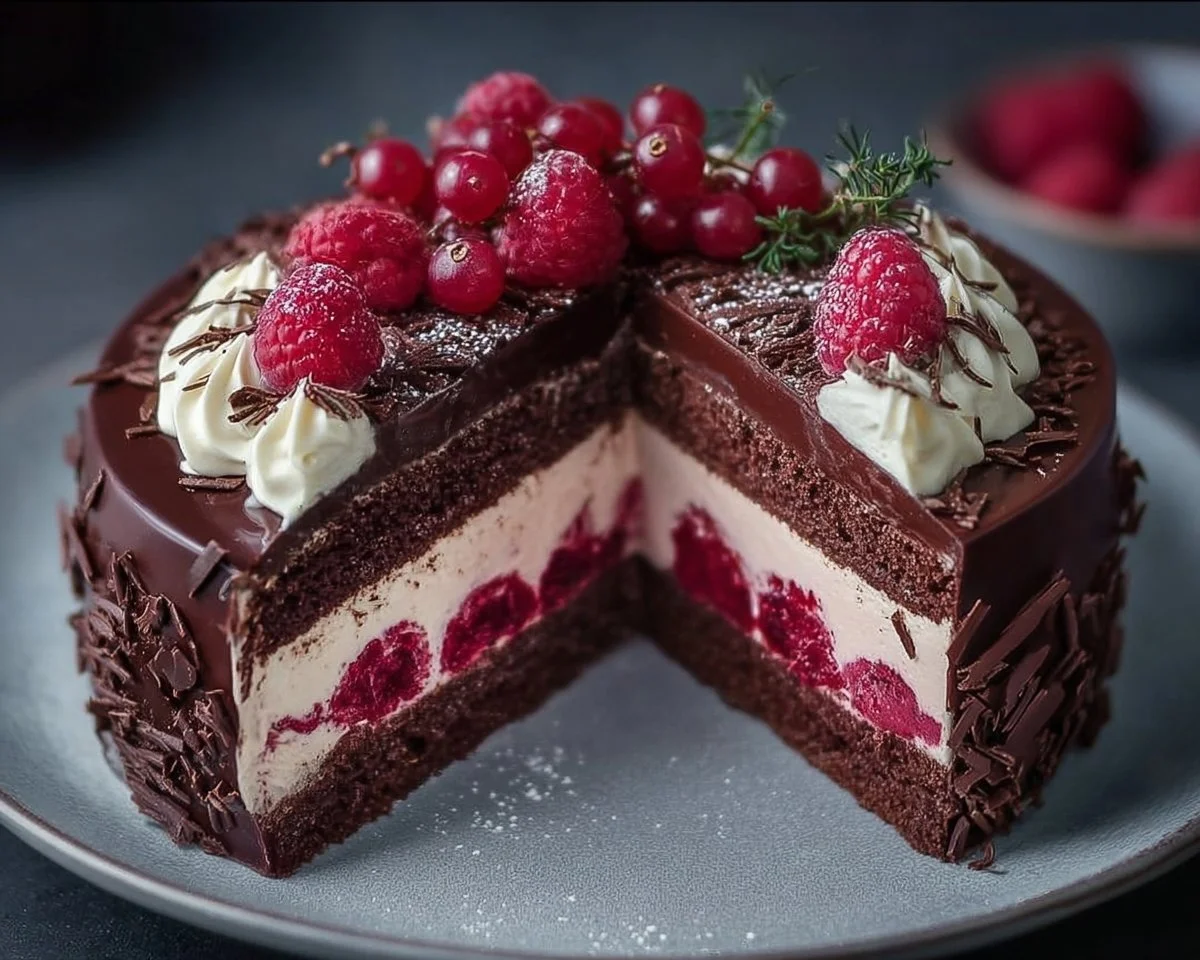Chocolate and raspberry mousse cake slice on a plate