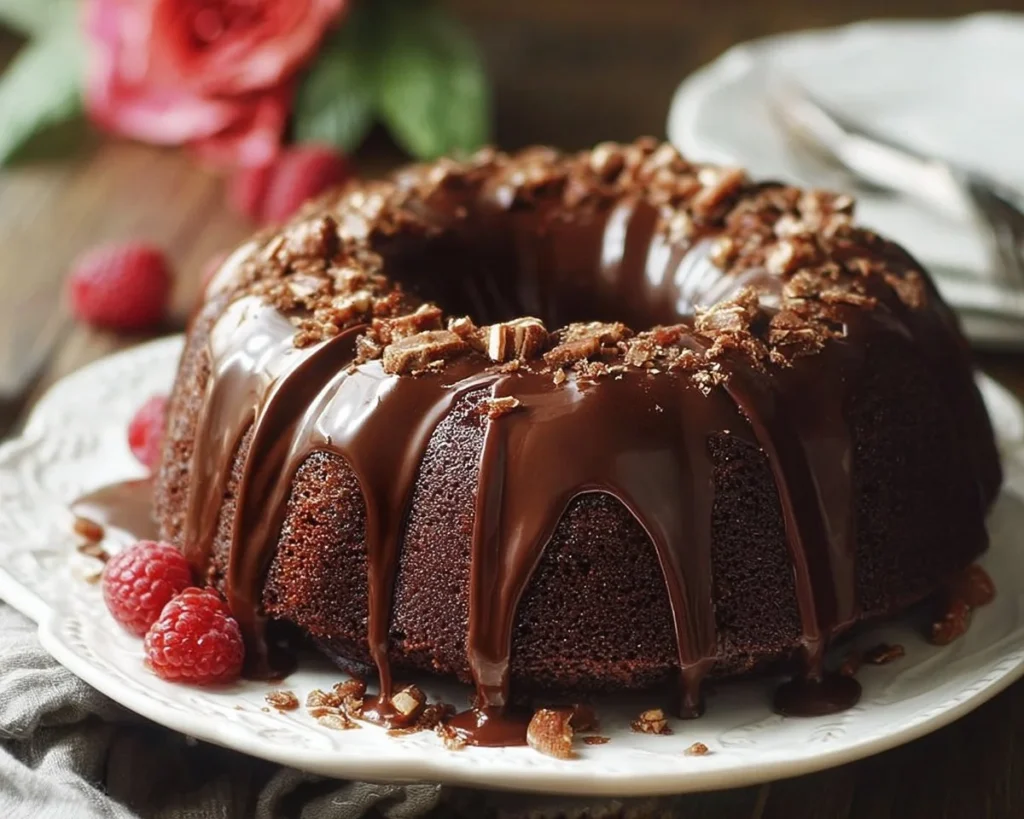 Chocolate Pudding Bundt Cake topped with chocolate glaze and decorative sprinkles