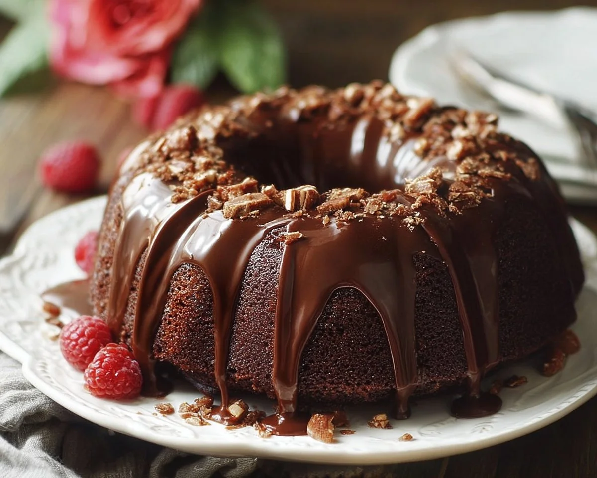 Chocolate Pudding Bundt Cake topped with chocolate glaze and decorative sprinkles