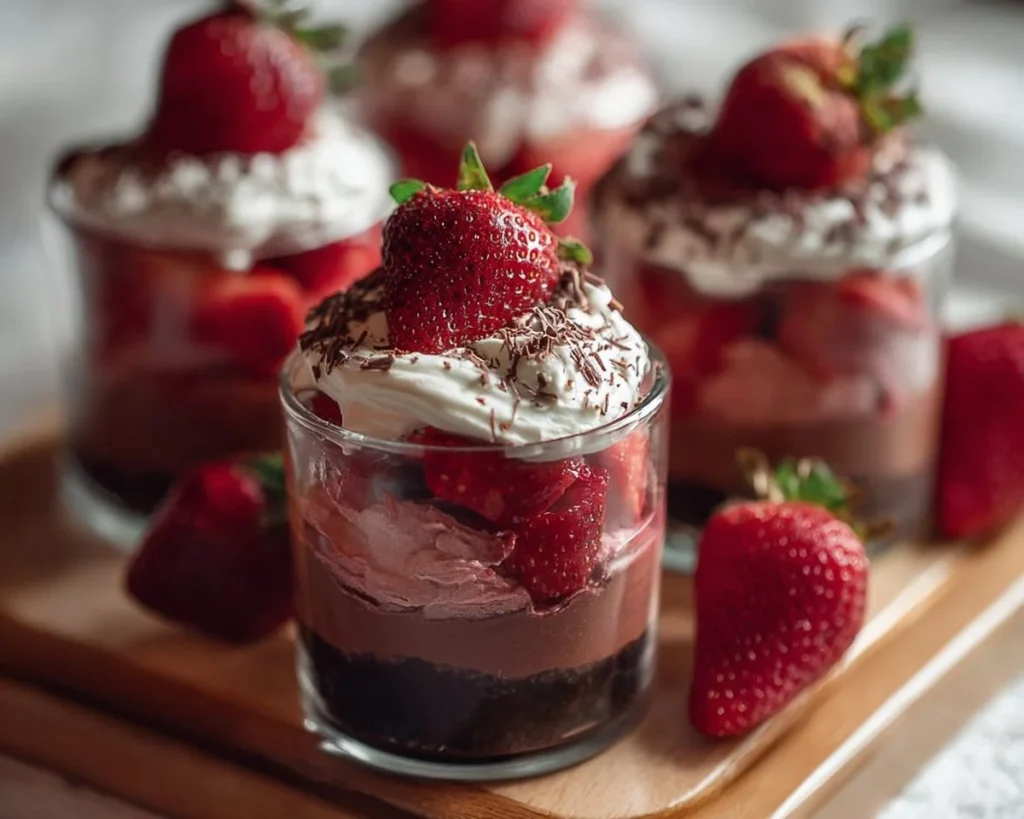 Delicious Chocolate Strawberry Mousse Cake Parfaits served in elegant cups