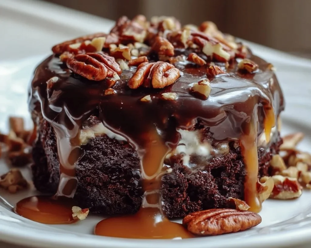 Delicious Chocolate Turtle Cake with caramel drizzle and pecans on top