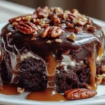 Delicious Chocolate Turtle Cake with caramel drizzle and pecans on top