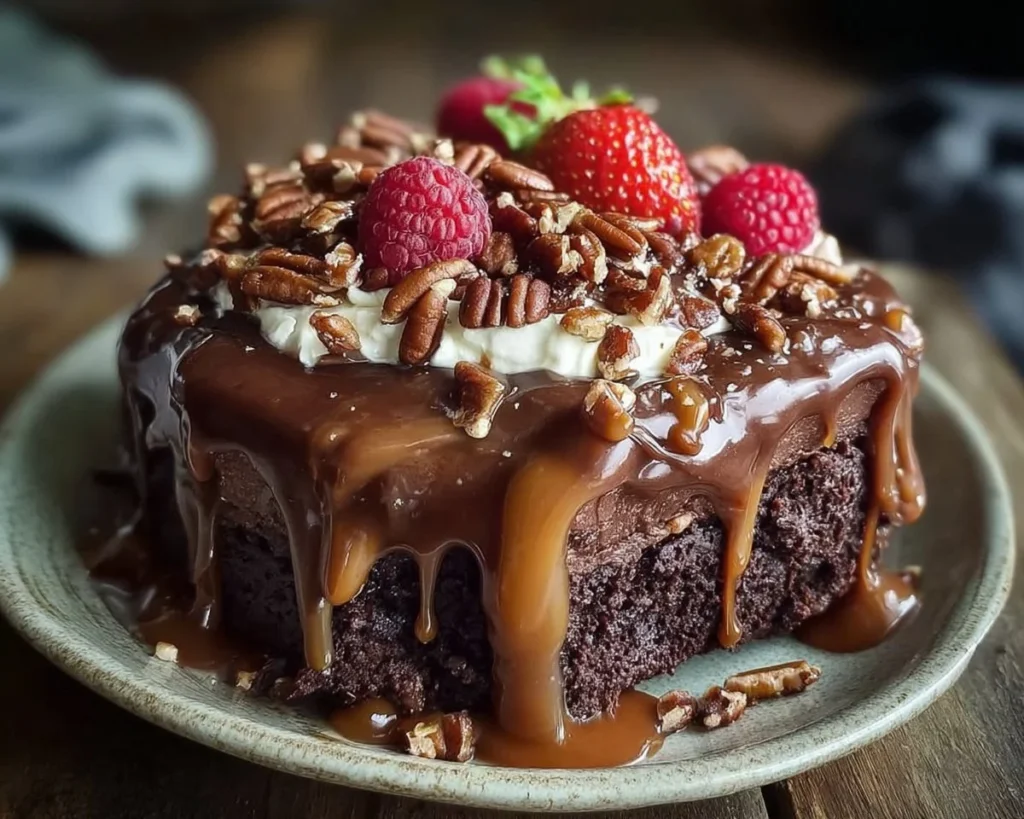 Delicious Chocolate Turtle Cake with layers of caramel and nuts