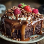 Delicious Chocolate Turtle Cake with layers of caramel and nuts