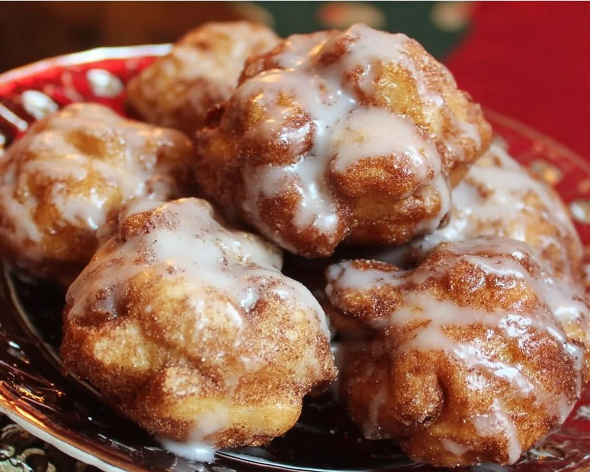 Freshly made cinnamon apple fritters dusted with powdered sugar.