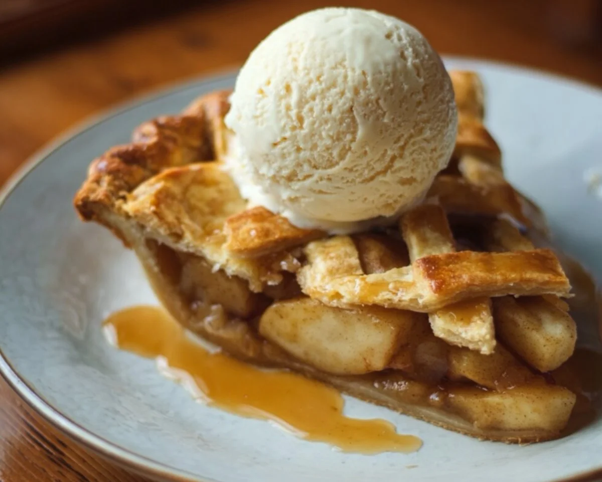 Classic apple pie served with rich caramel ice cream