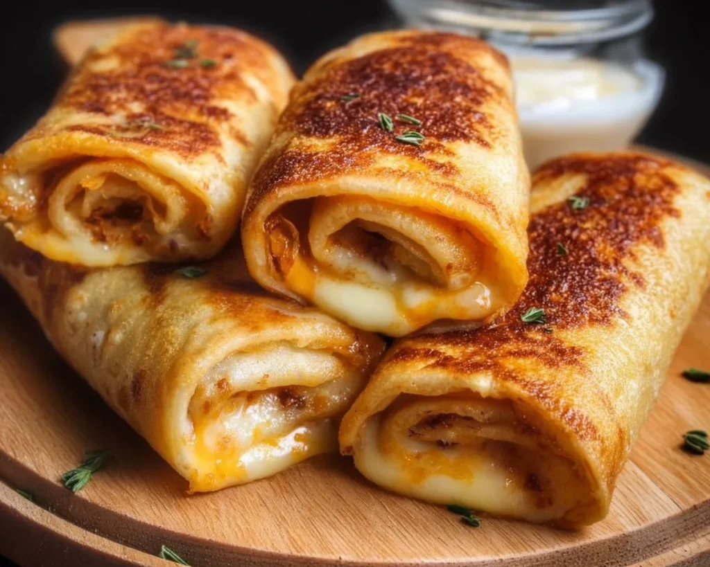Plate of crispy cheesy roll ups with melted cheese and golden brown exterior