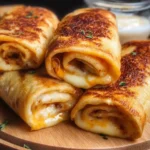 Plate of crispy cheesy roll ups with melted cheese and golden brown exterior