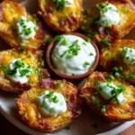 Plate of crunchy mini potato skins topped with cheese and bacon.