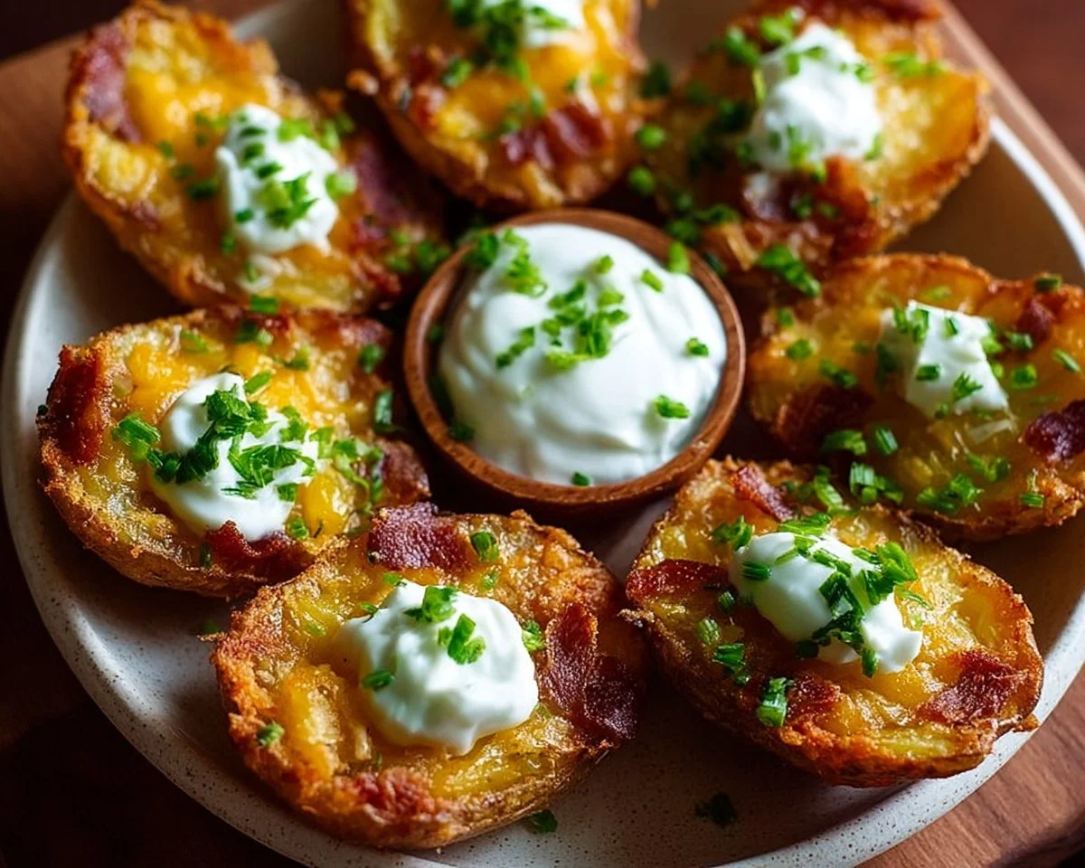 Plate of crunchy mini potato skins topped with cheese and bacon.