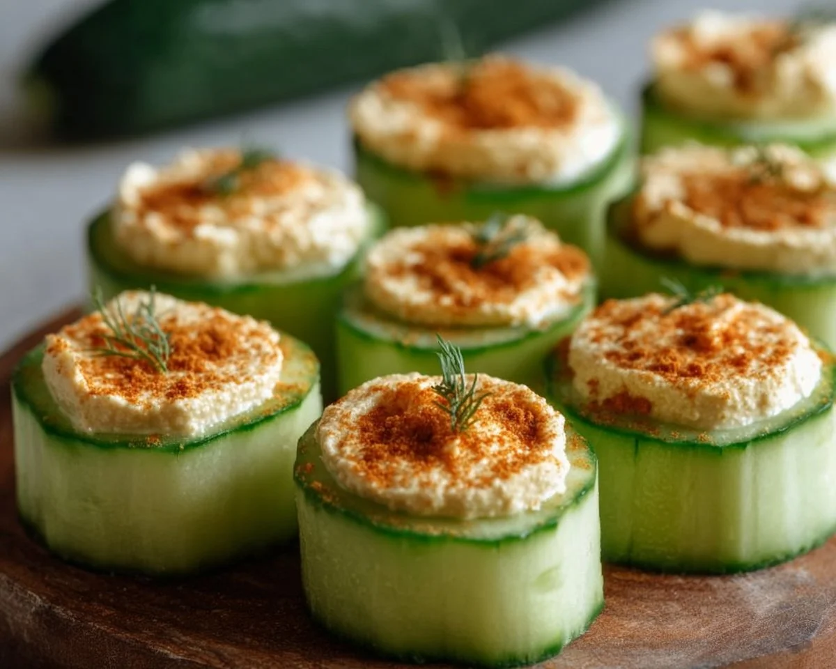 Cucumber Hummus Bites served on a platter with fresh herbs and spices